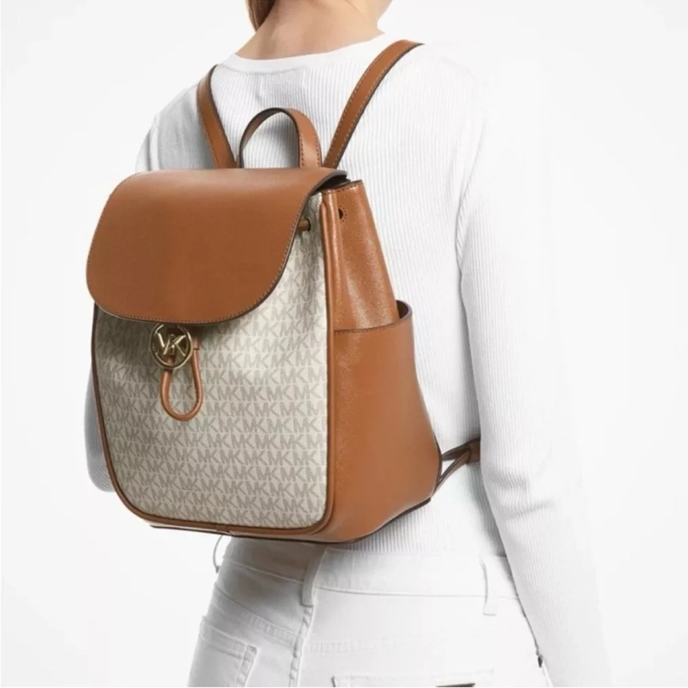 Michael Kors Brown and Cream MK Logo Backpack
